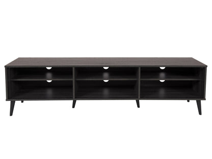 Dark grey TV bench with open shelves, suitable for TVs up to 85 inches. Features sleek, modern design with ample storage space for media devices, books, and decor. Durable wood construction with smooth finish.