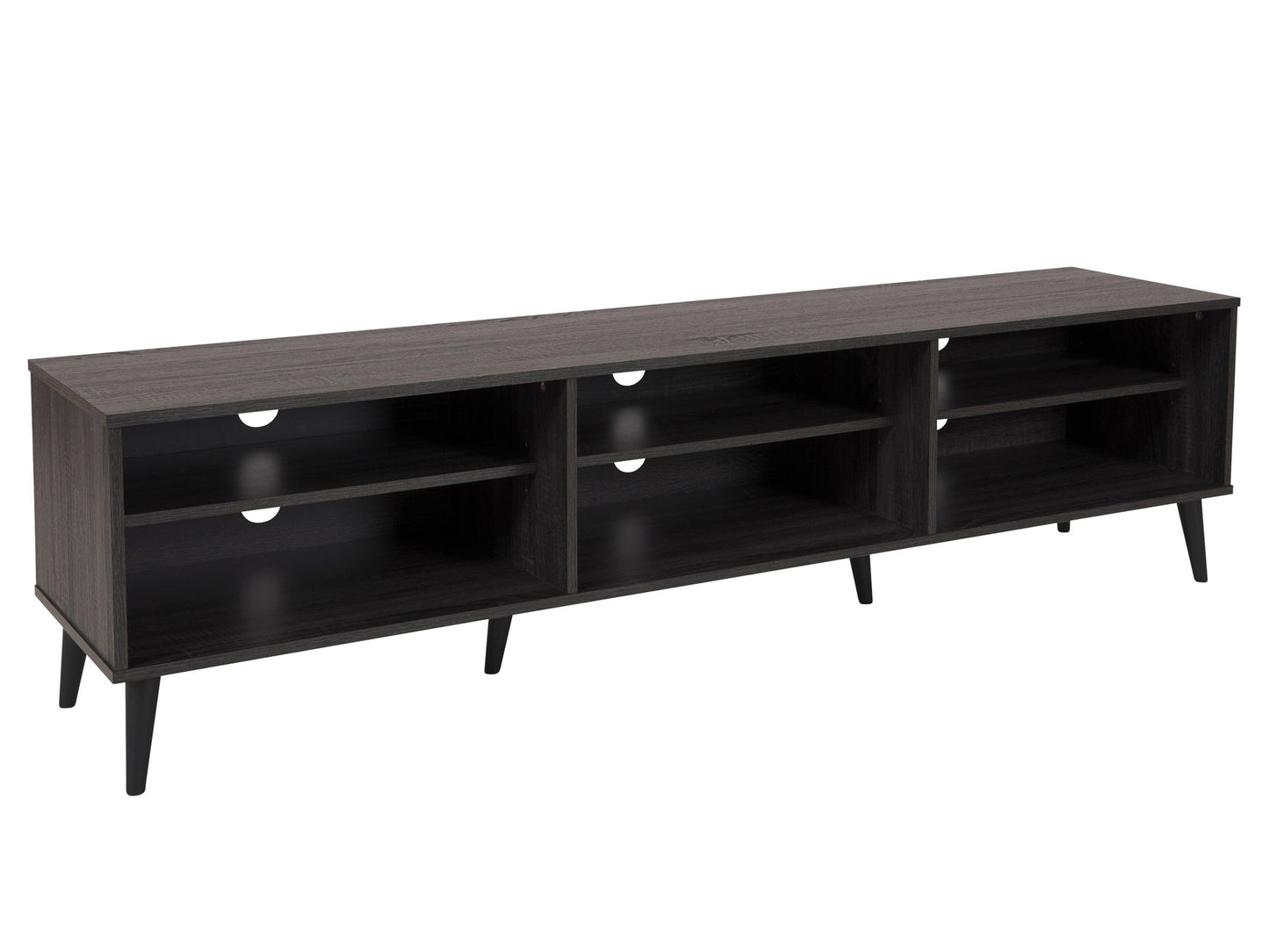 Dark grey TV bench with open shelves, suitable for TVs up to 85 inches. Features sleek, modern design with ample storage space for media devices, books, and decor. Durable wood construction with smooth finish.