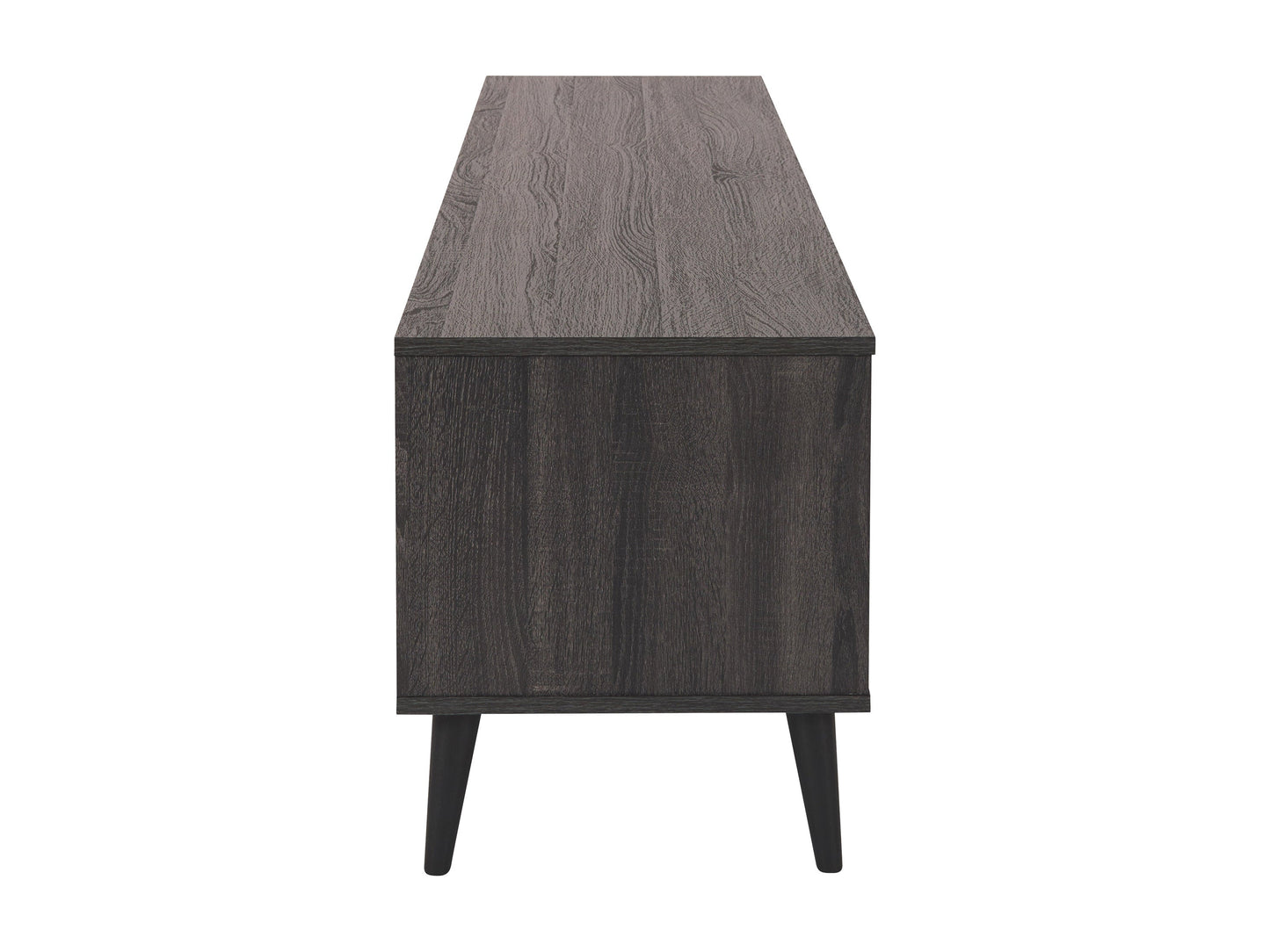 Dark grey TV bench with open shelves, suitable for TVs up to 85 inches. Features sleek, modern design with ample storage space for media devices, books, and decor. Durable wood construction with smooth finish.