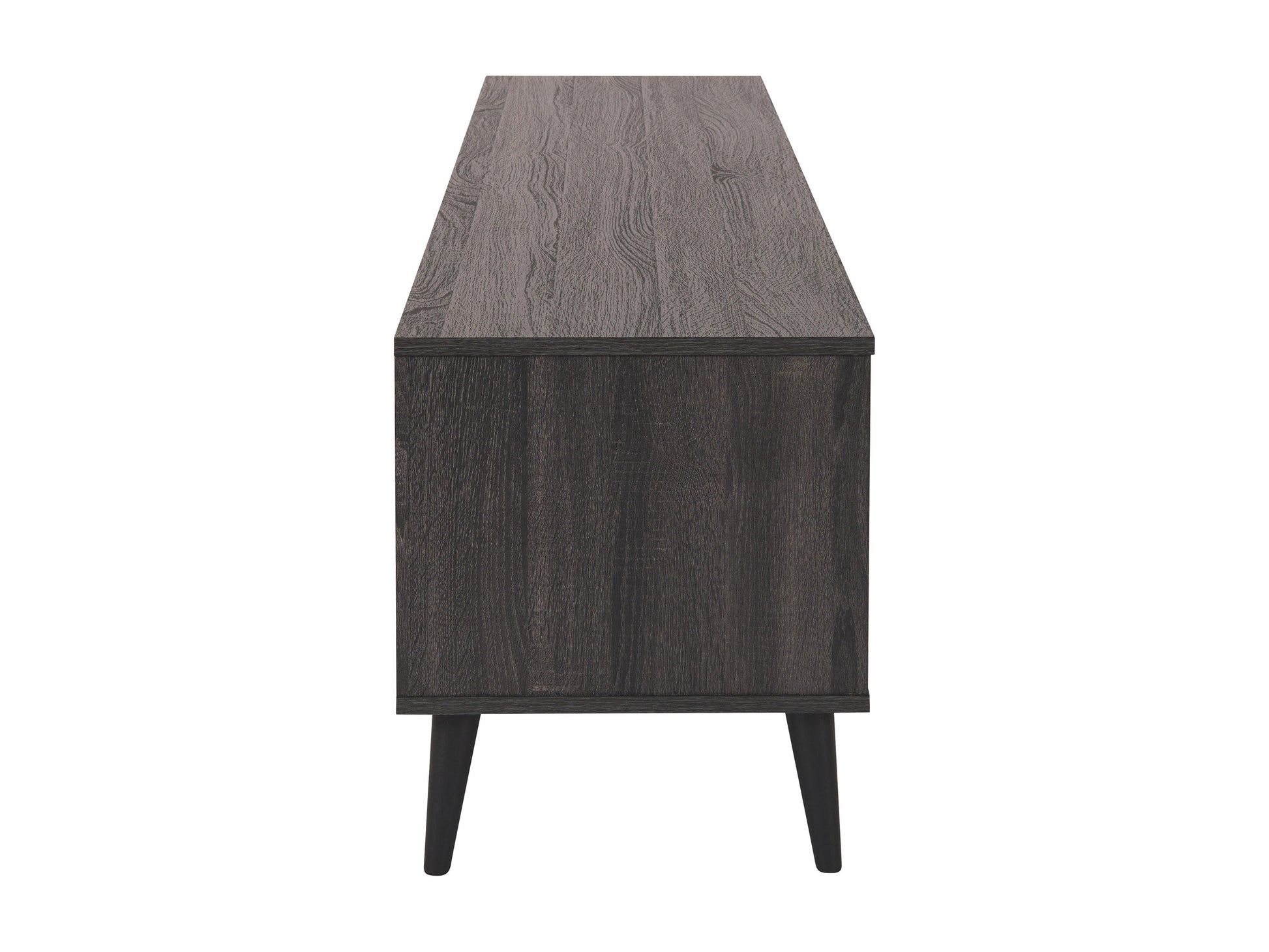 Dark grey TV bench with open shelves, suitable for TVs up to 85 inches. Features sleek, modern design with ample storage space for media devices, books, and decor. Durable wood construction with smooth finish.