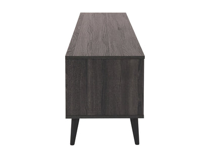 Dark grey TV bench with open shelves, suitable for TVs up to 85 inches. Features sleek, modern design with ample storage space for media devices, books, and decor. Durable wood construction with smooth finish.