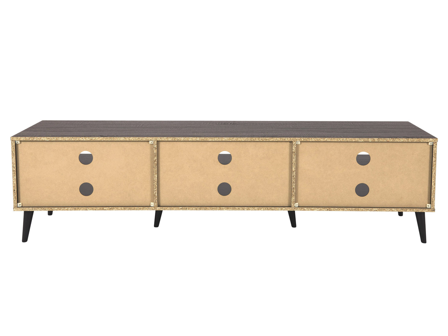Dark grey TV bench with open shelves, suitable for TVs up to 85 inches. Features sleek, modern design with ample storage space for media devices, books, and decor. Durable wood construction with smooth finish.