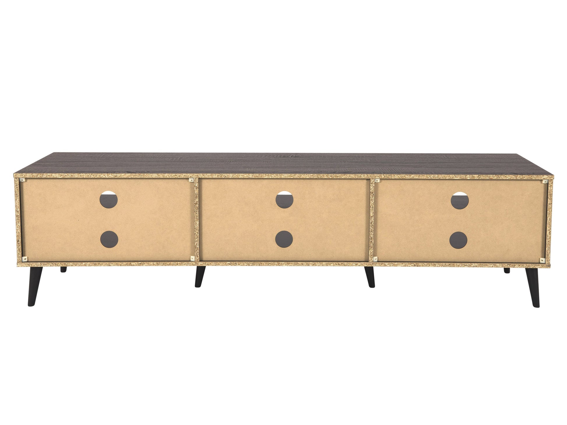 Dark grey TV bench with open shelves, suitable for TVs up to 85 inches. Features sleek, modern design with ample storage space for media devices, books, and decor. Durable wood construction with smooth finish.