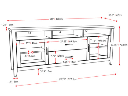 Grey wood TV stand for TVs up to 85 inches, featuring a sleek, modern design with open shelving, two drawers, and a textured wood finish. Ideal for contemporary living rooms and media centers.