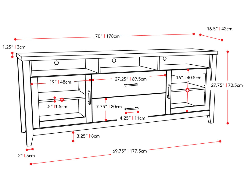 dark grey TV Cabinet with Drawers for TVs up to 85" Hollywood Collection measurements diagram by CorLiving
