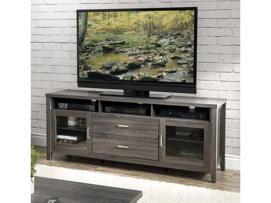 Grey wood TV stand with storage shelves and cabinets, designed for TVs up to 85 inches, featuring a sleek, modern design with a smooth texture and sturdy construction.