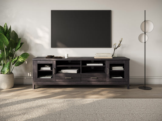 Grey wood TV stand for TVs up to 80 inches with a sleek, modern design, featuring open shelving, two cabinets with black handles, and a sturdy construction perfect for contemporary living rooms.