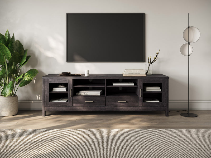 dark grey TV Cabinet with Doors for TVs up to 85" Hollywood Collection lifestyle scene by CorLiving
