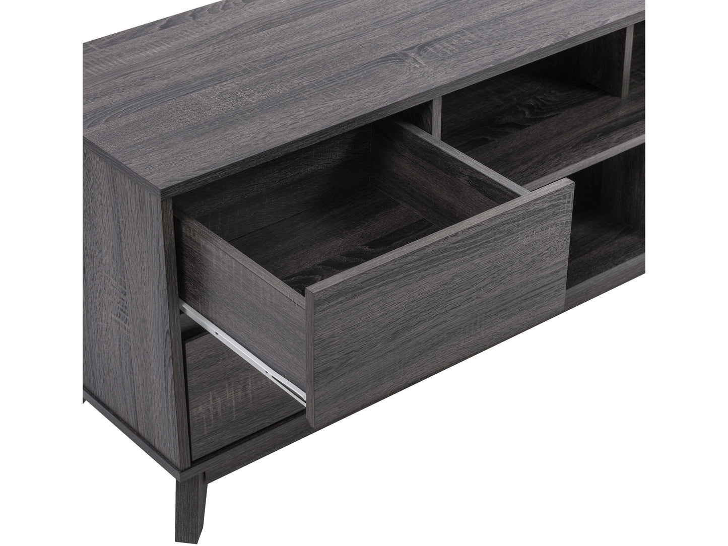 Grey modern TV stand for TVs up to 85 inches, featuring sleek lines, minimalist design, and ample storage with open shelves and cabinets. Made from durable wood with a smooth finish, perfect for contemporary living rooms.