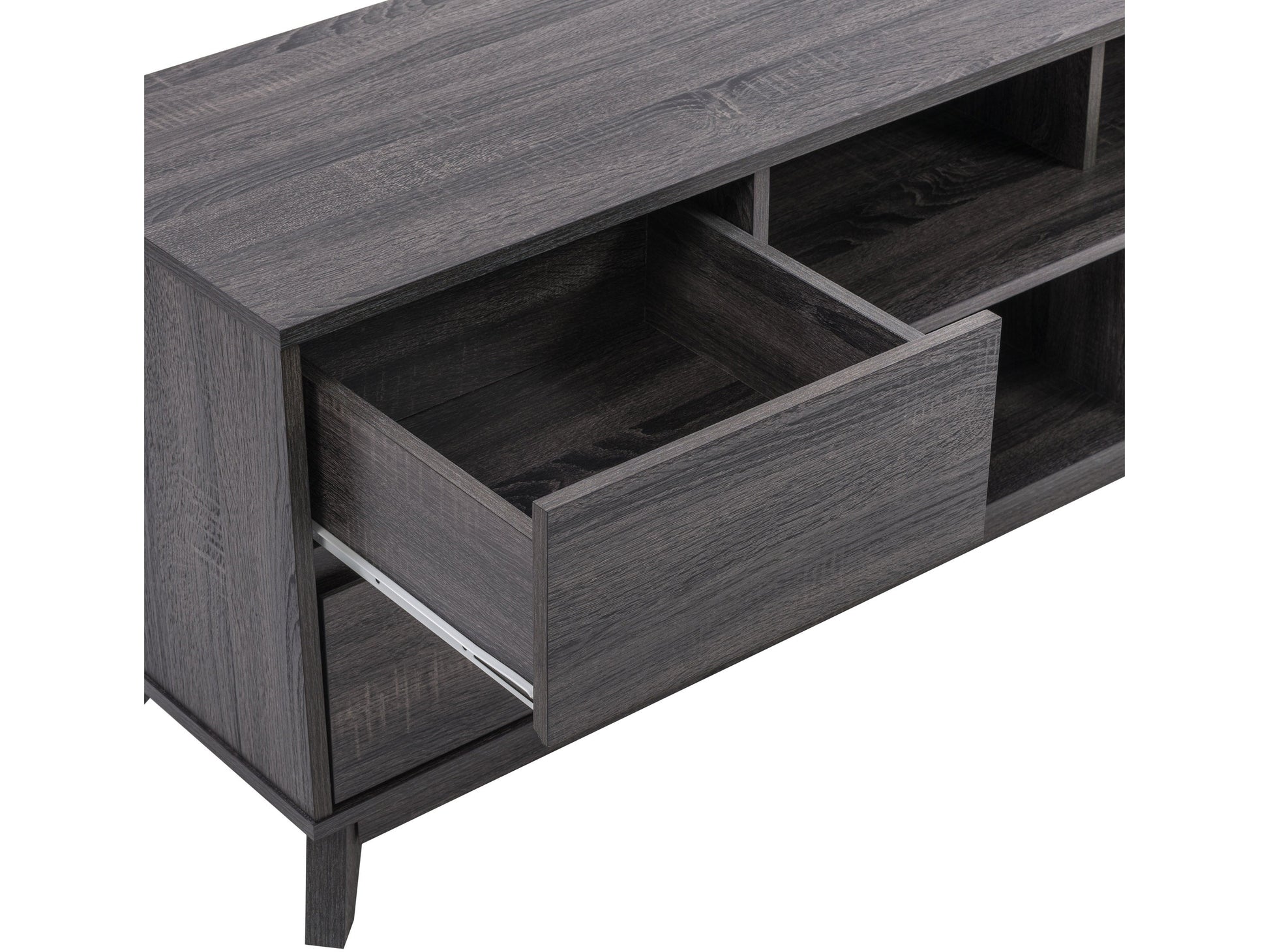 Grey modern TV stand for TVs up to 85 inches, featuring sleek lines, minimalist design, and ample storage with open shelves and cabinets. Made from durable wood with a smooth finish, perfect for contemporary living rooms.