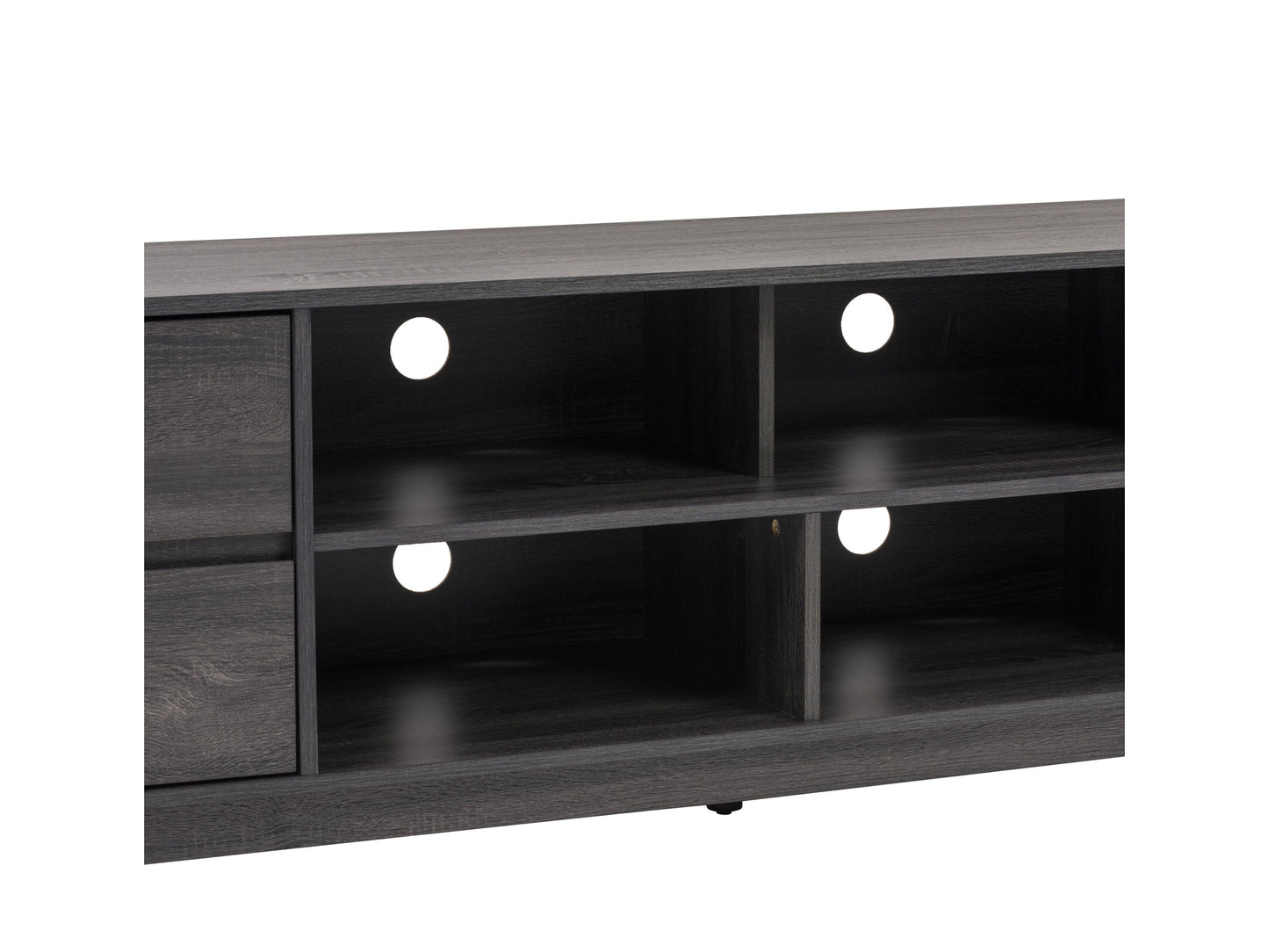 Grey modern TV stand for TVs up to 85 inches, featuring sleek lines, minimalist design, and ample storage with open shelves and cabinets. Made from durable wood with a smooth finish, perfect for contemporary living rooms.