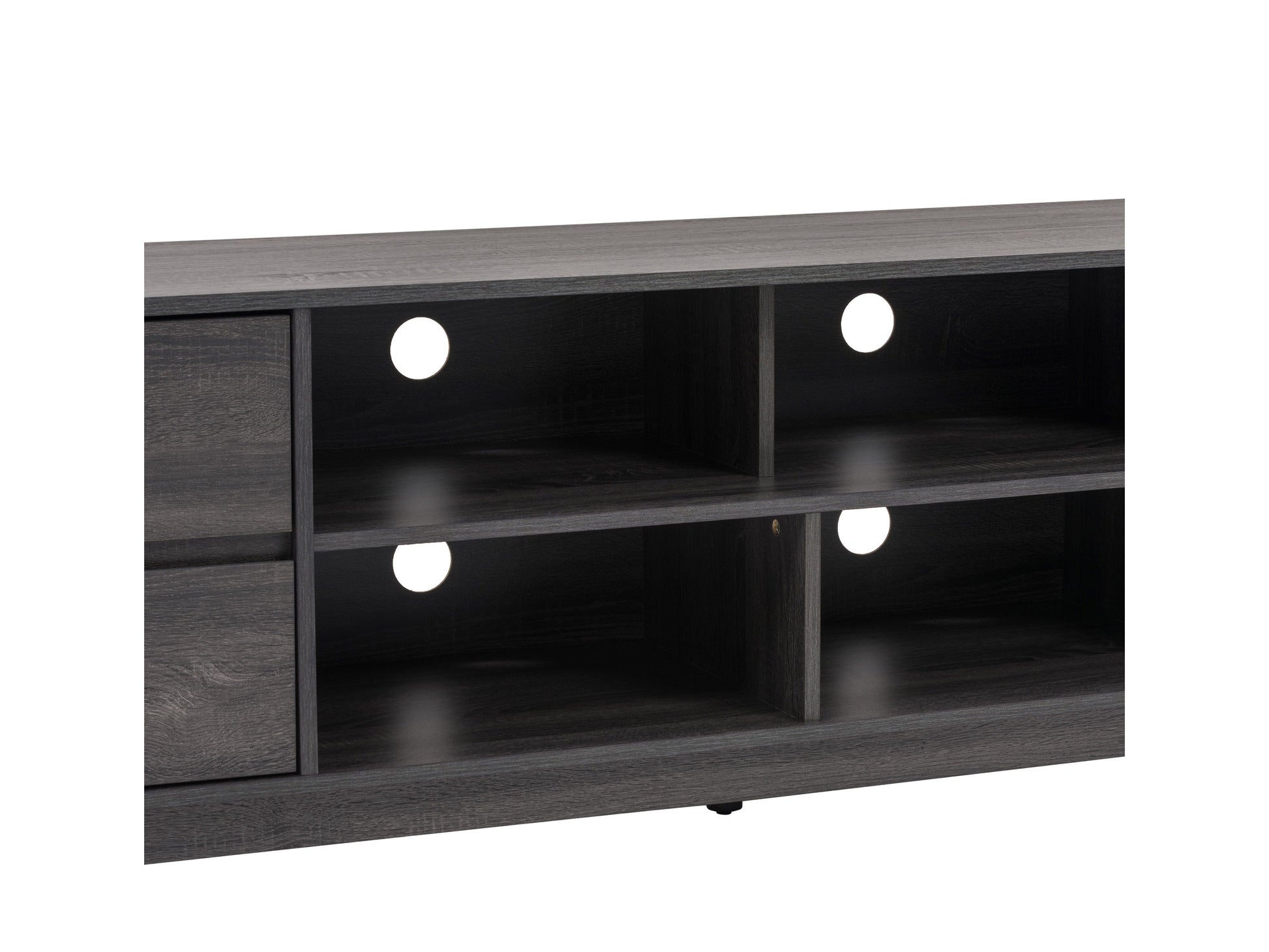 Grey modern TV stand for TVs up to 85 inches, featuring sleek lines, minimalist design, and ample storage with open shelves and cabinets. Made from durable wood with a smooth finish, perfect for contemporary living rooms.