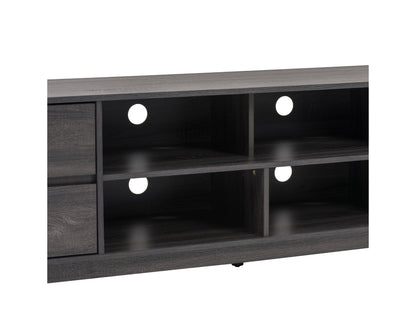 Grey modern TV stand for TVs up to 85 inches, featuring sleek lines, minimalist design, and ample storage with open shelves and cabinets. Made from durable wood with a smooth finish, perfect for contemporary living rooms.