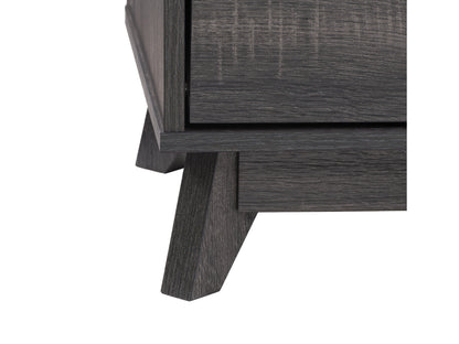 Grey modern TV stand for TVs up to 85 inches, featuring sleek lines, minimalist design, and ample storage with open shelves and cabinets. Made from durable wood with a smooth finish, perfect for contemporary living rooms.
