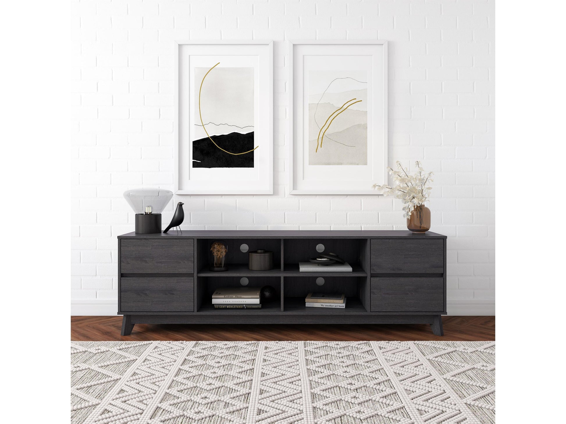 Grey modern TV stand for TVs up to 85 inches, featuring sleek lines, minimalist design, and ample storage with open shelves and cabinets. Made from durable wood with a smooth finish, perfect for contemporary living rooms.