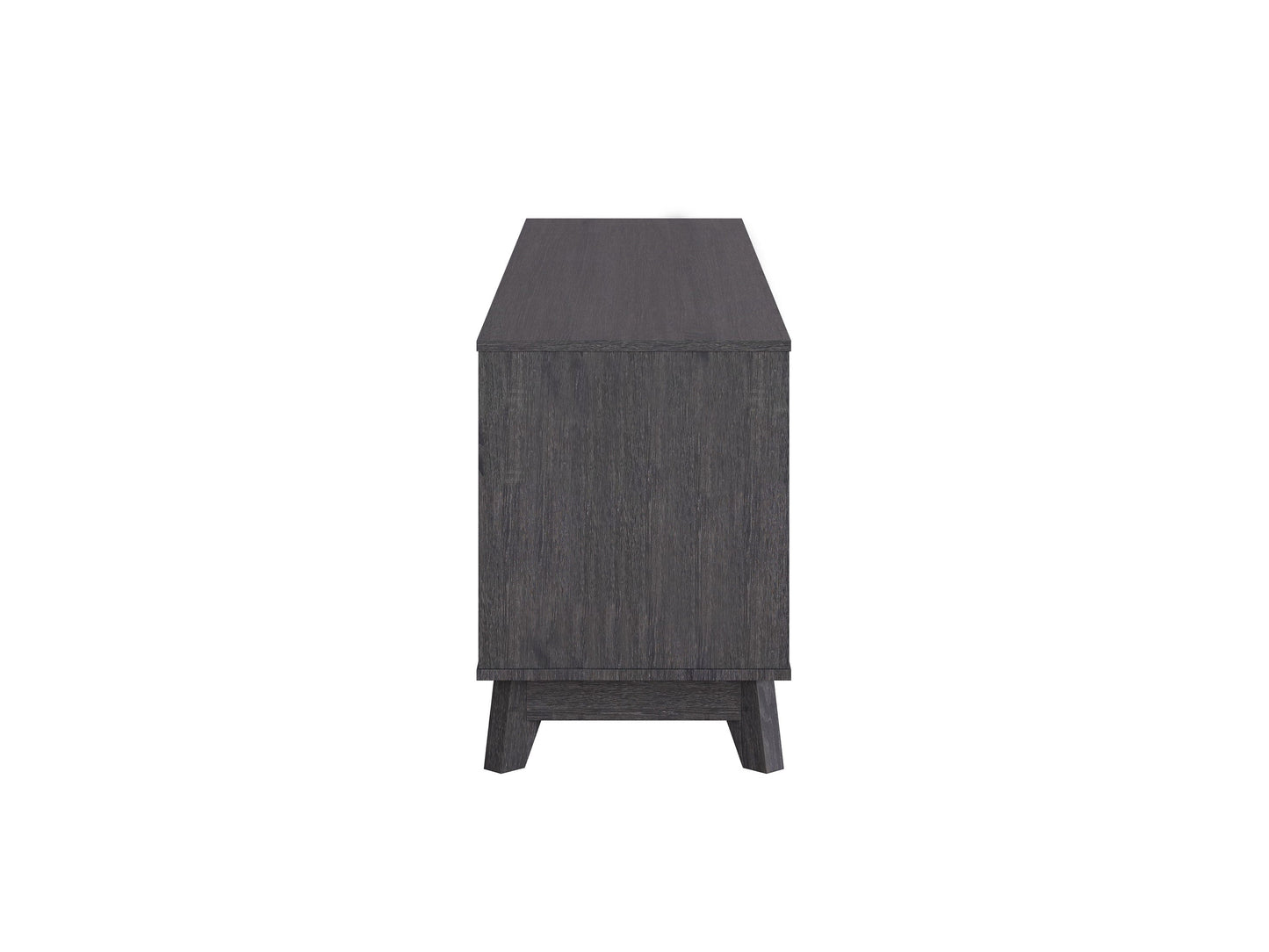 Grey modern TV stand for TVs up to 85 inches, featuring sleek lines, minimalist design, and ample storage with open shelves and cabinets. Made from durable wood with a smooth finish, perfect for contemporary living rooms.