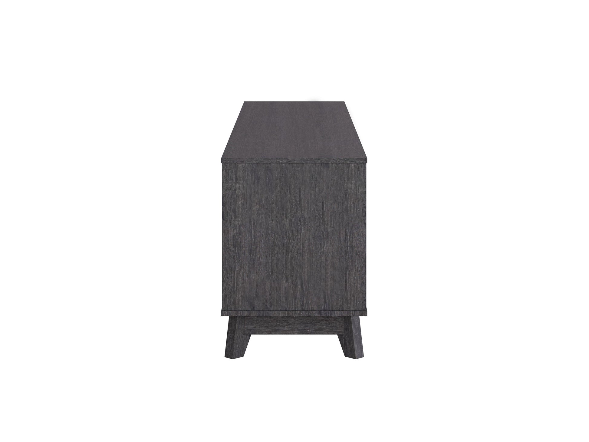 Grey modern TV stand for TVs up to 85 inches, featuring sleek lines, minimalist design, and ample storage with open shelves and cabinets. Made from durable wood with a smooth finish, perfect for contemporary living rooms.