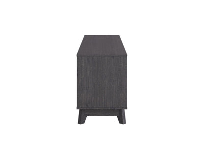Grey modern TV stand for TVs up to 85 inches, featuring sleek lines, minimalist design, and ample storage with open shelves and cabinets. Made from durable wood with a smooth finish, perfect for contemporary living rooms.