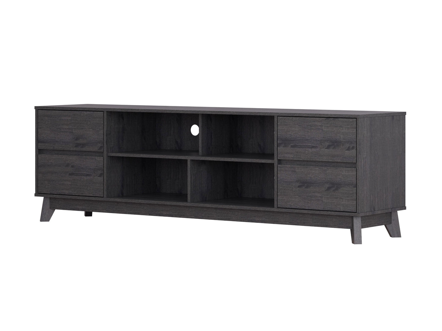 Grey modern TV stand for TVs up to 85 inches, featuring sleek lines, minimalist design, and ample storage with open shelves and cabinets. Made from durable wood with a smooth finish, perfect for contemporary living rooms.