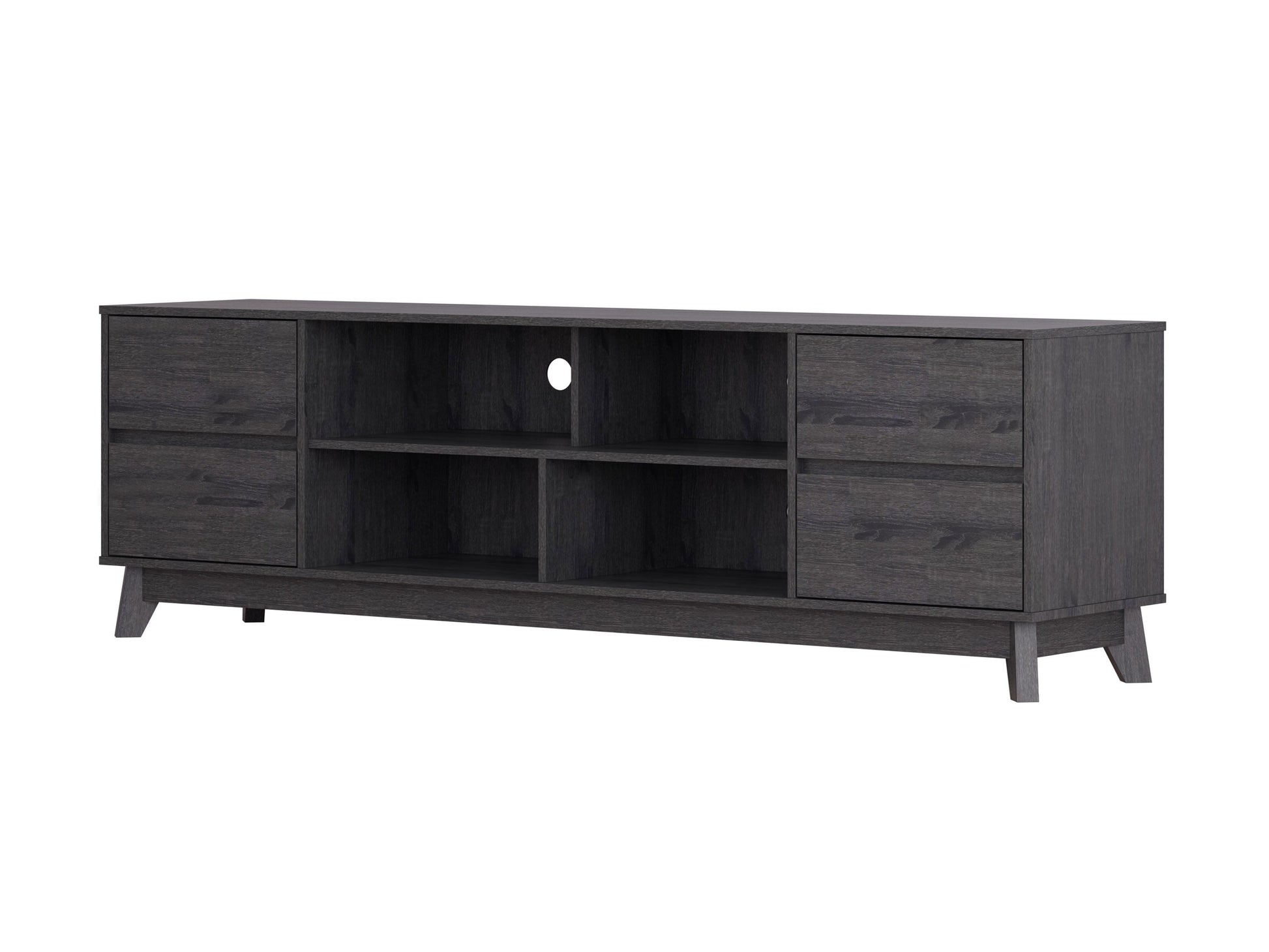Grey modern TV stand for TVs up to 85 inches, featuring sleek lines, minimalist design, and ample storage with open shelves and cabinets. Made from durable wood with a smooth finish, perfect for contemporary living rooms.