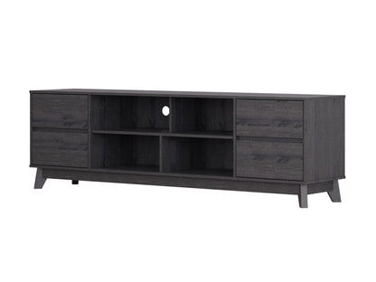 Grey modern TV stand for TVs up to 85 inches, featuring sleek lines, minimalist design, and ample storage with open shelves and cabinets. Made from durable wood with a smooth finish, perfect for contemporary living rooms.