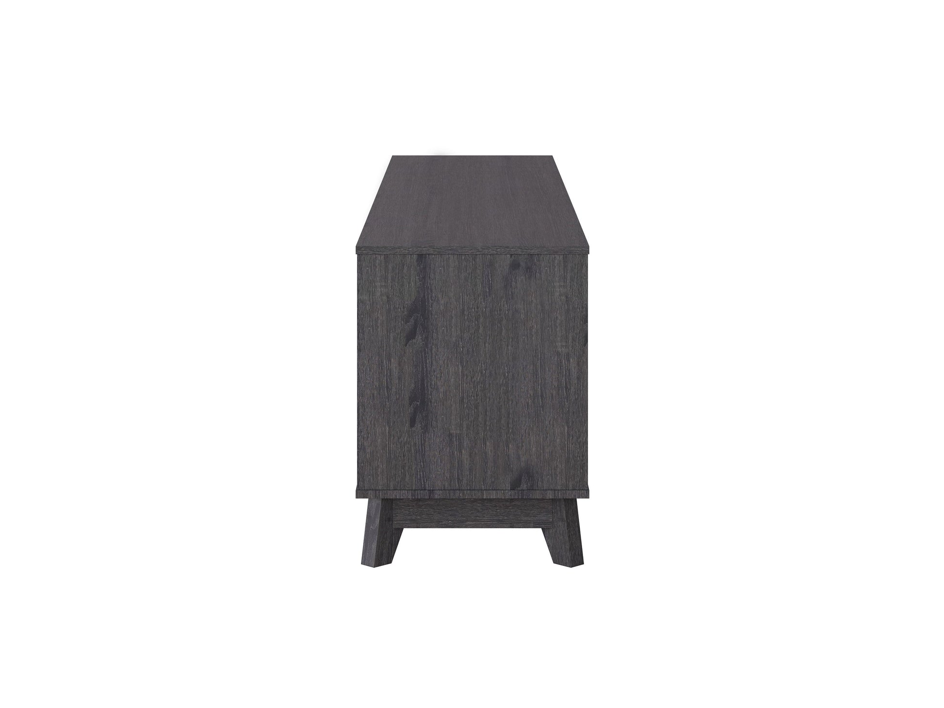 Grey modern TV stand for TVs up to 85 inches, featuring sleek lines, minimalist design, and ample storage with open shelves and cabinets. Made from durable wood with a smooth finish, perfect for contemporary living rooms.