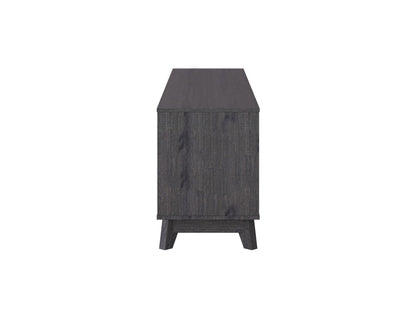 Grey modern TV stand for TVs up to 85 inches, featuring sleek lines, minimalist design, and ample storage with open shelves and cabinets. Made from durable wood with a smooth finish, perfect for contemporary living rooms.
