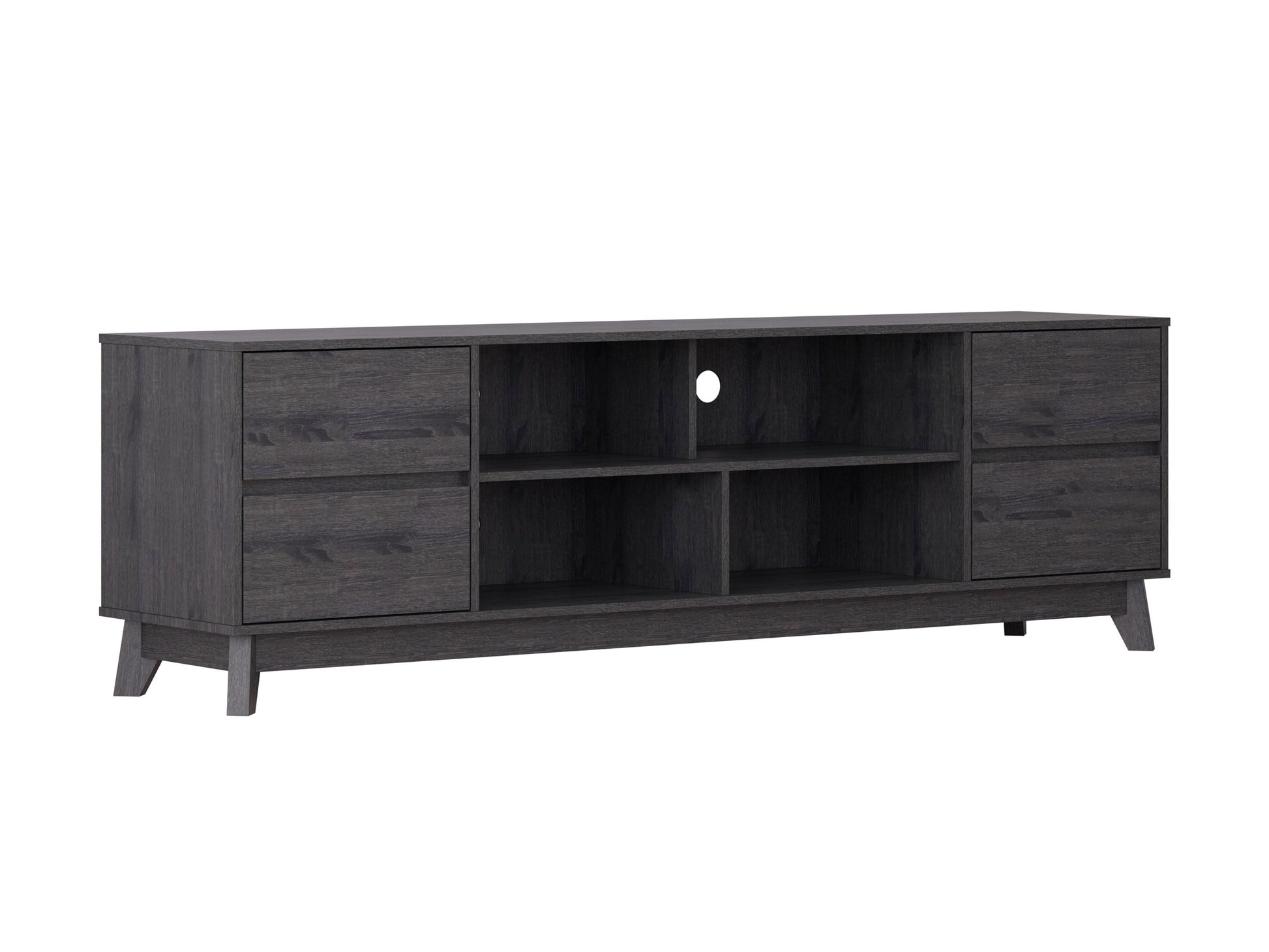 Grey modern TV stand for TVs up to 85 inches, featuring sleek lines, minimalist design, and ample storage with open shelves and cabinets. Made from durable wood with a smooth finish, perfect for contemporary living rooms.