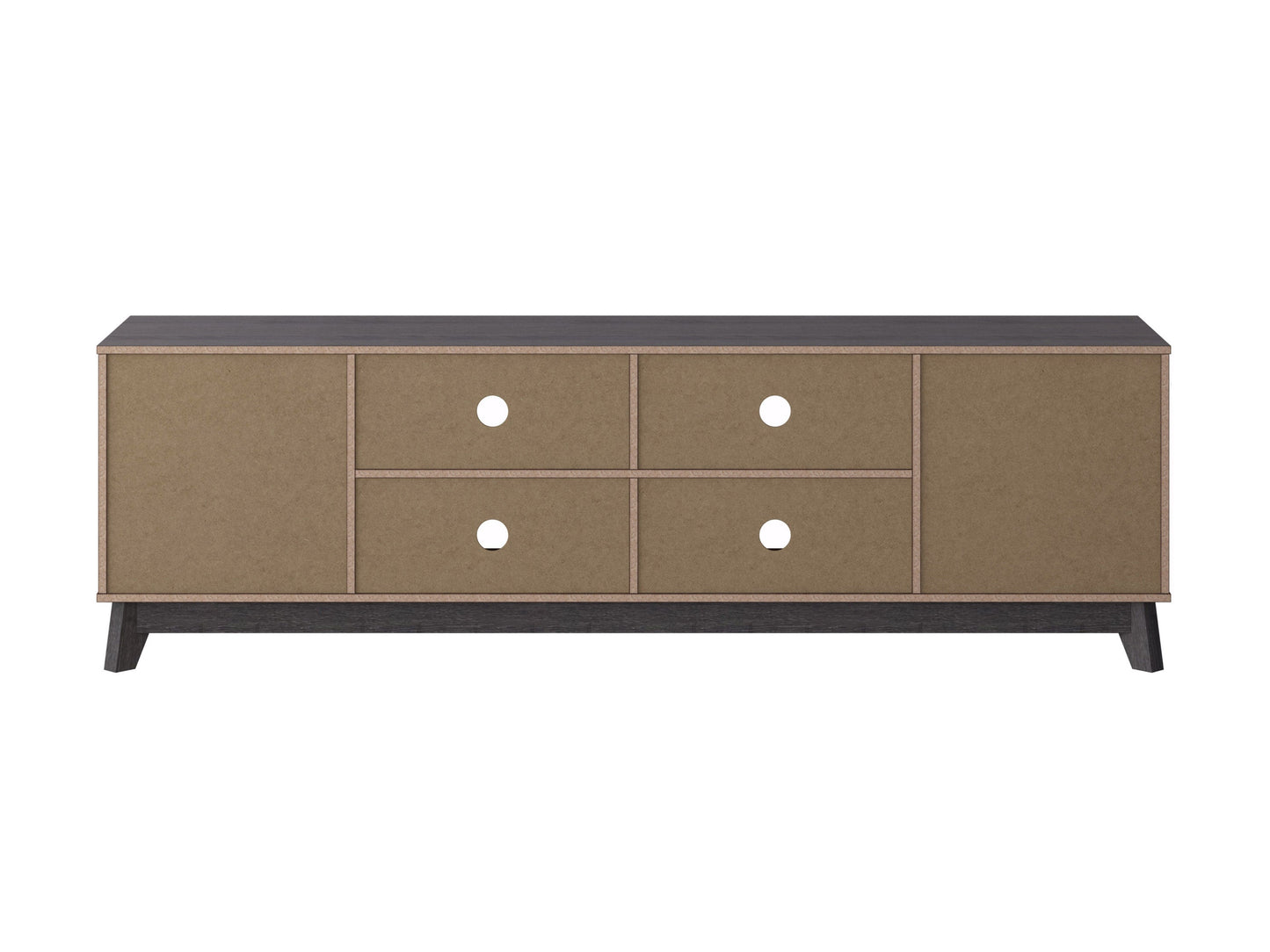 Grey modern TV stand for TVs up to 85 inches, featuring sleek lines, minimalist design, and ample storage with open shelves and cabinets. Made from durable wood with a smooth finish, perfect for contemporary living rooms.