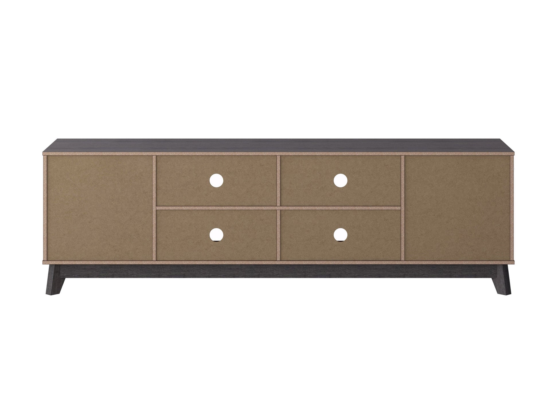 Grey modern TV stand for TVs up to 85 inches, featuring sleek lines, minimalist design, and ample storage with open shelves and cabinets. Made from durable wood with a smooth finish, perfect for contemporary living rooms.