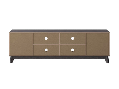 Grey modern TV stand for TVs up to 85 inches, featuring sleek lines, minimalist design, and ample storage with open shelves and cabinets. Made from durable wood with a smooth finish, perfect for contemporary living rooms.