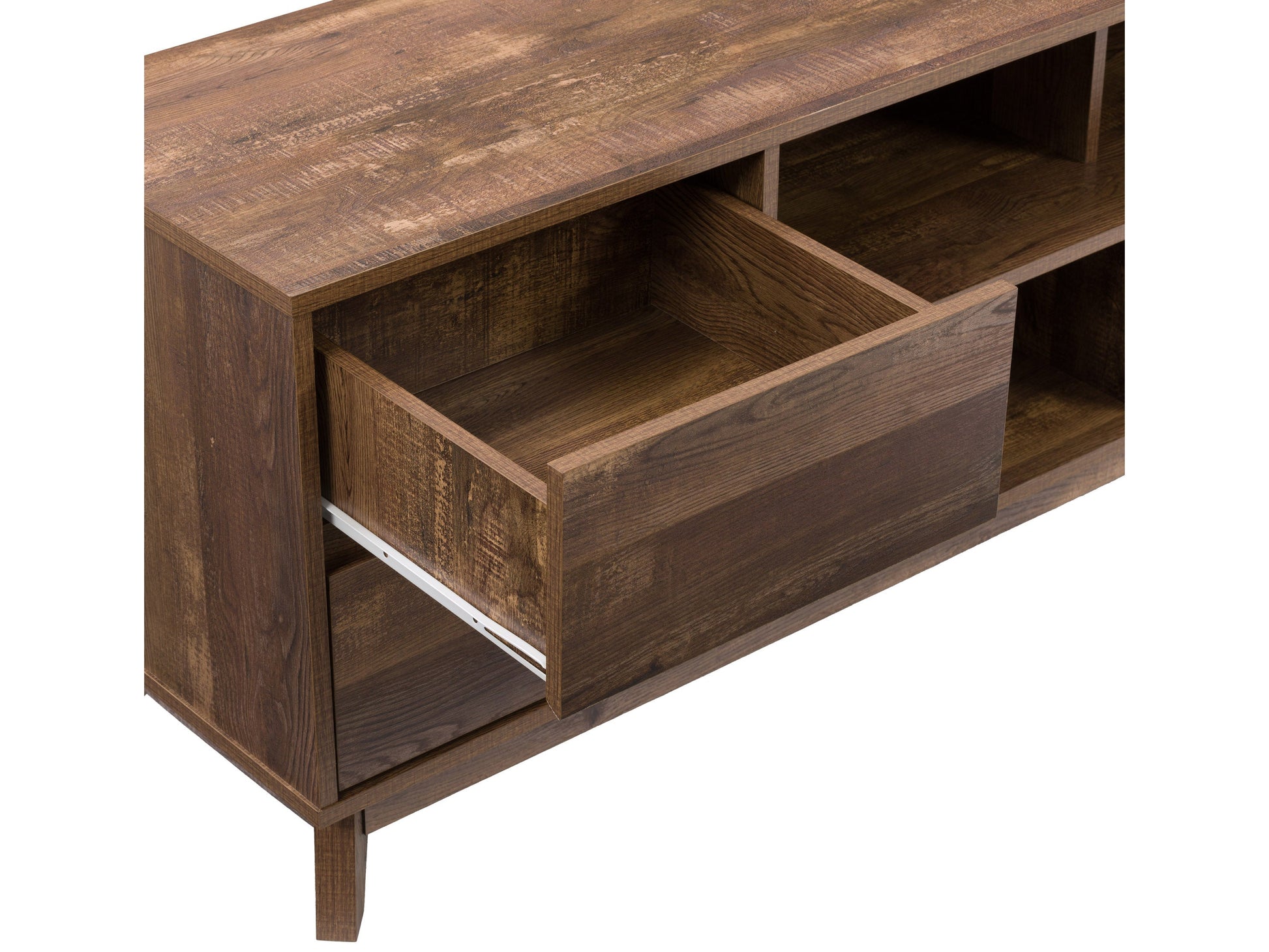 Modern brown TV stand for TVs up to 85 inches, featuring sleek lines, wood finish, open shelving, and two cabinets with metal handles for storage. Ideal for contemporary living rooms.