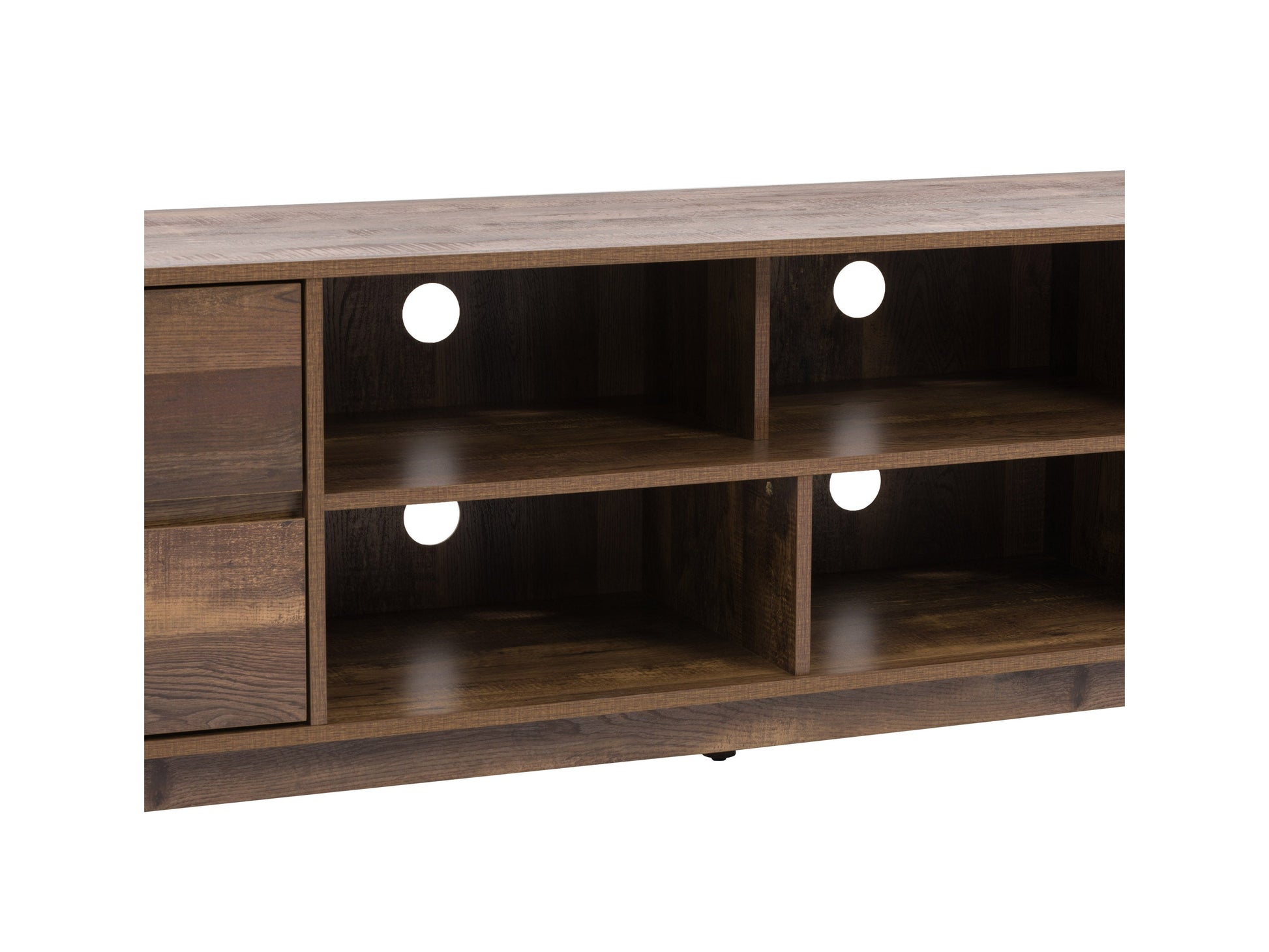 Modern brown TV stand for TVs up to 85 inches, featuring sleek lines, wood finish, open shelving, and two cabinets with metal handles for storage. Ideal for contemporary living rooms.
