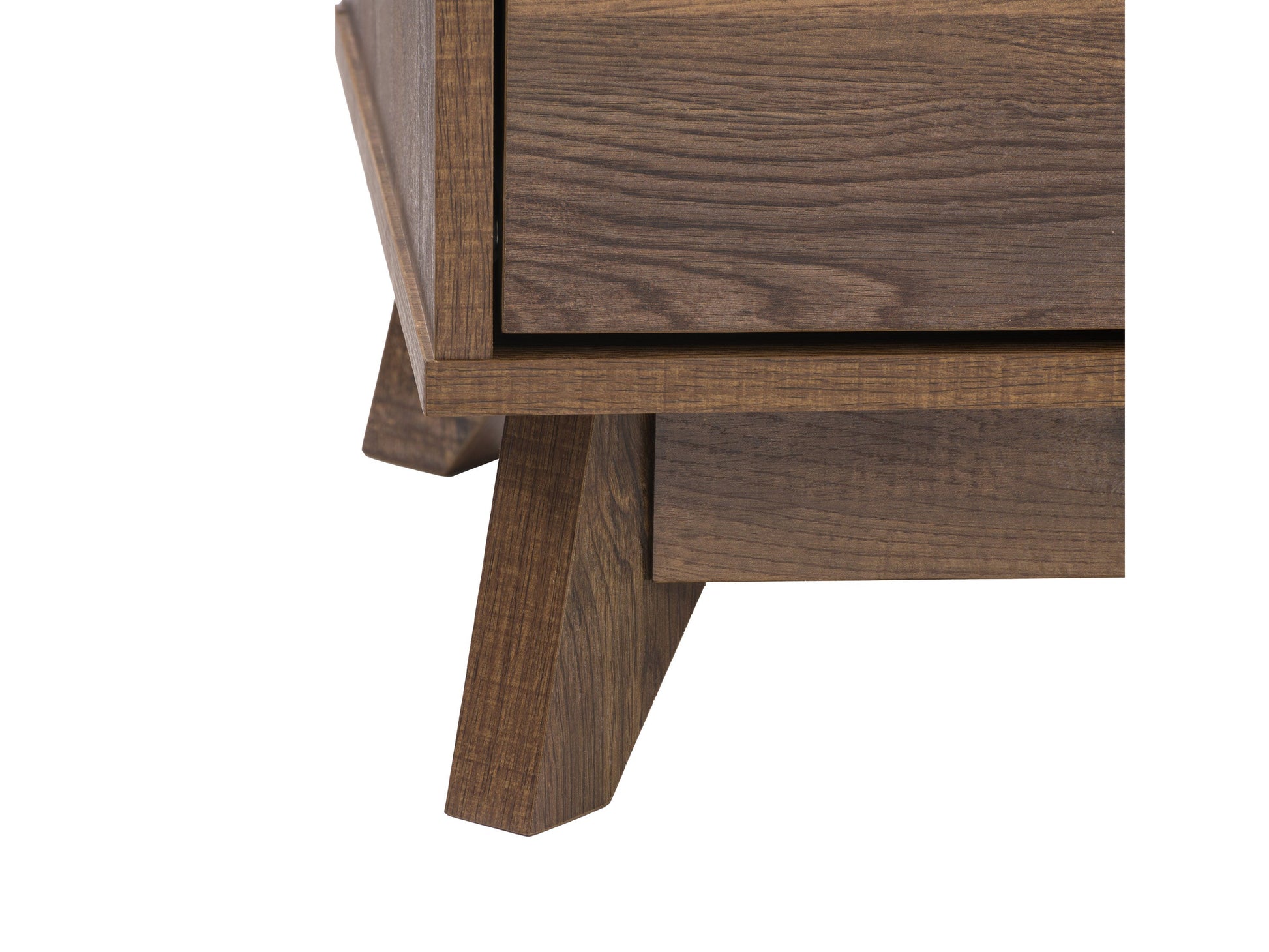 Modern brown TV stand for TVs up to 85 inches, featuring sleek lines, wood finish, open shelving, and two cabinets with metal handles for storage. Ideal for contemporary living rooms.