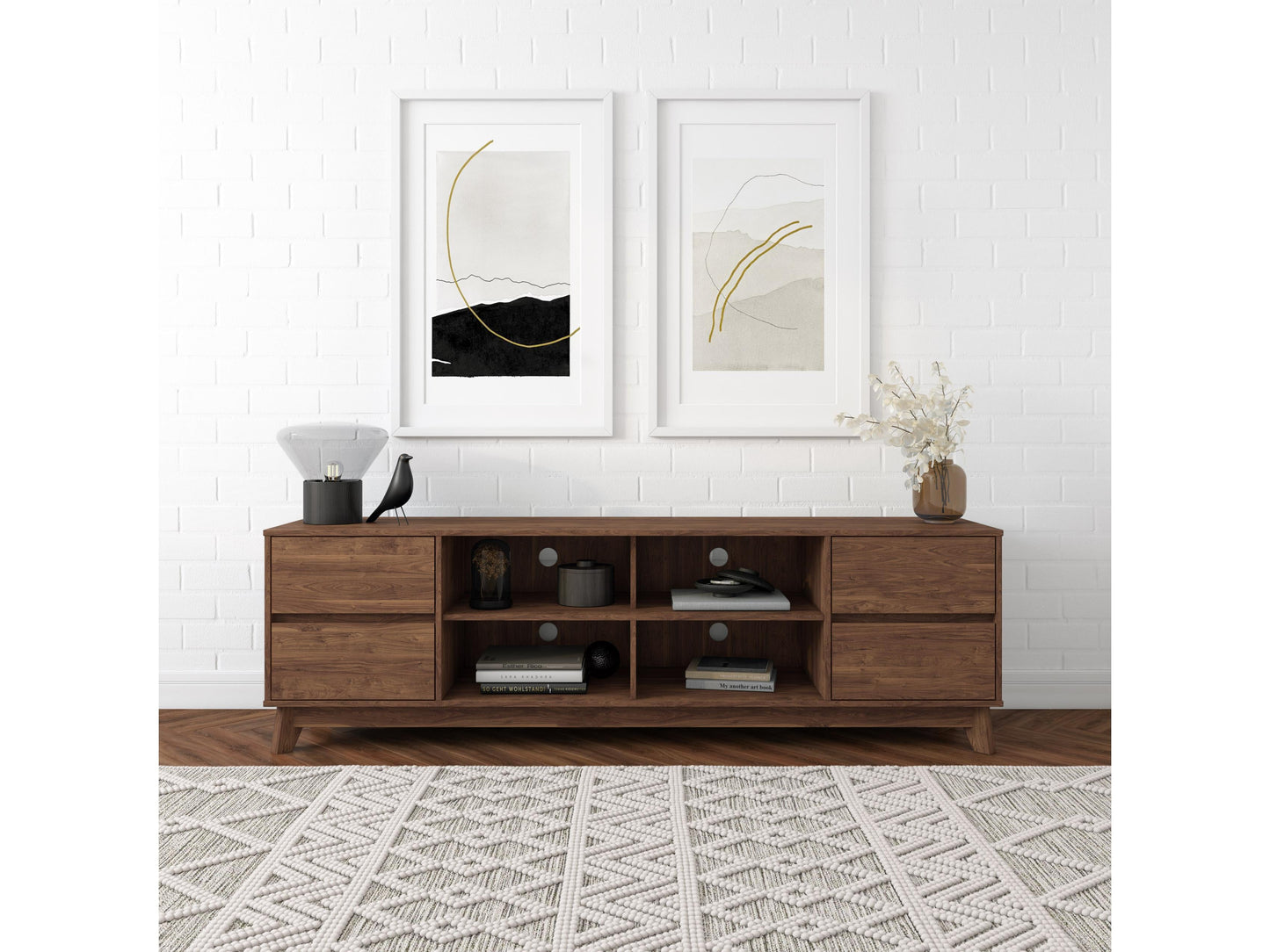Modern brown TV stand for TVs up to 85 inches, featuring sleek lines, wood finish, open shelving, and two cabinets with metal handles for storage. Ideal for contemporary living rooms.