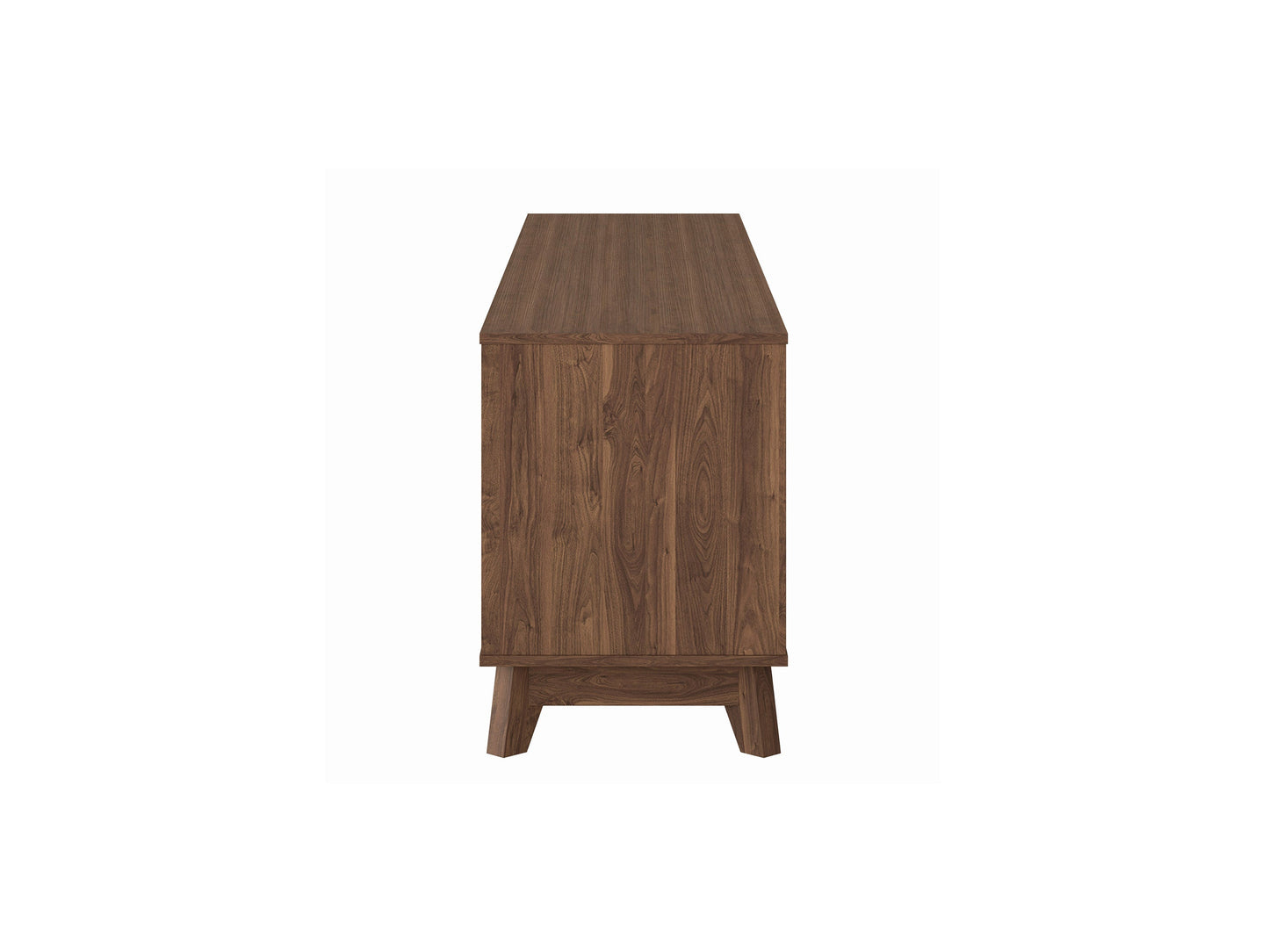 Modern brown TV stand for TVs up to 85 inches, featuring sleek lines, wood finish, open shelving, and two cabinets with metal handles for storage. Ideal for contemporary living rooms.