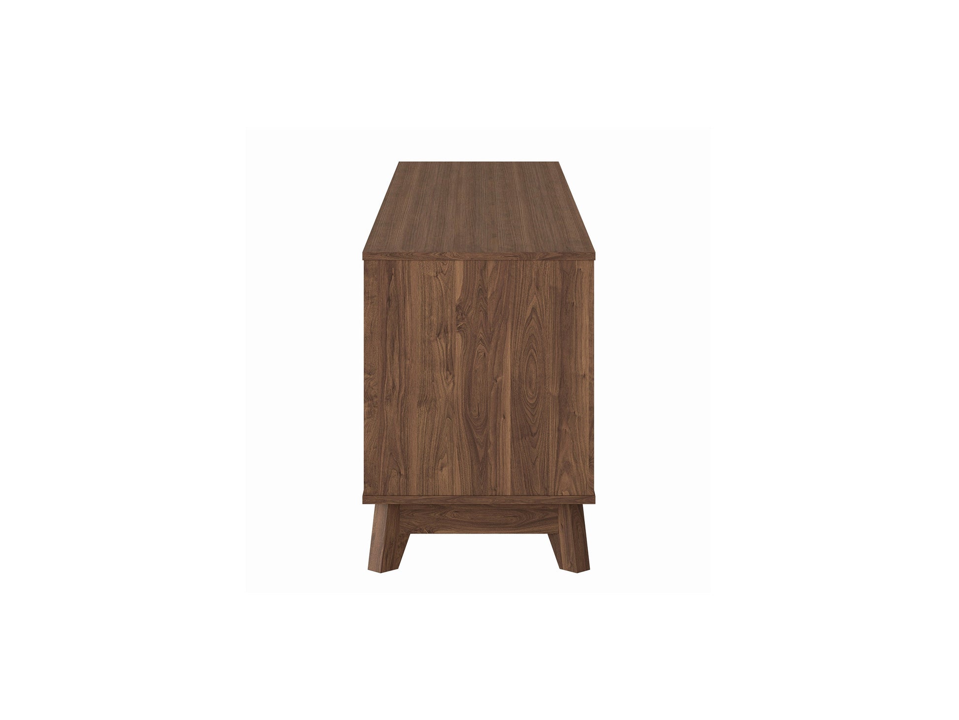 Modern brown TV stand for TVs up to 85 inches, featuring sleek lines, wood finish, open shelving, and two cabinets with metal handles for storage. Ideal for contemporary living rooms.