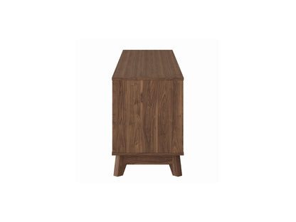 Modern brown TV stand for TVs up to 85 inches, featuring sleek lines, wood finish, open shelving, and two cabinets with metal handles for storage. Ideal for contemporary living rooms.
