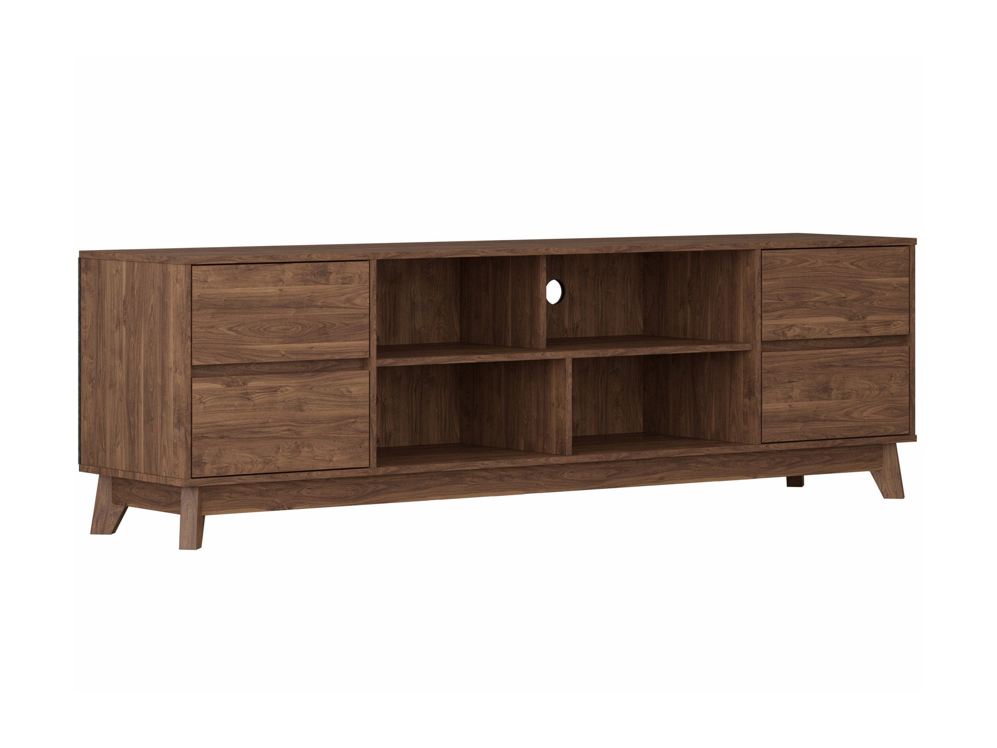 Modern brown TV stand for TVs up to 85 inches, featuring sleek lines, wood finish, open shelving, and two cabinets with metal handles for storage. Ideal for contemporary living rooms.