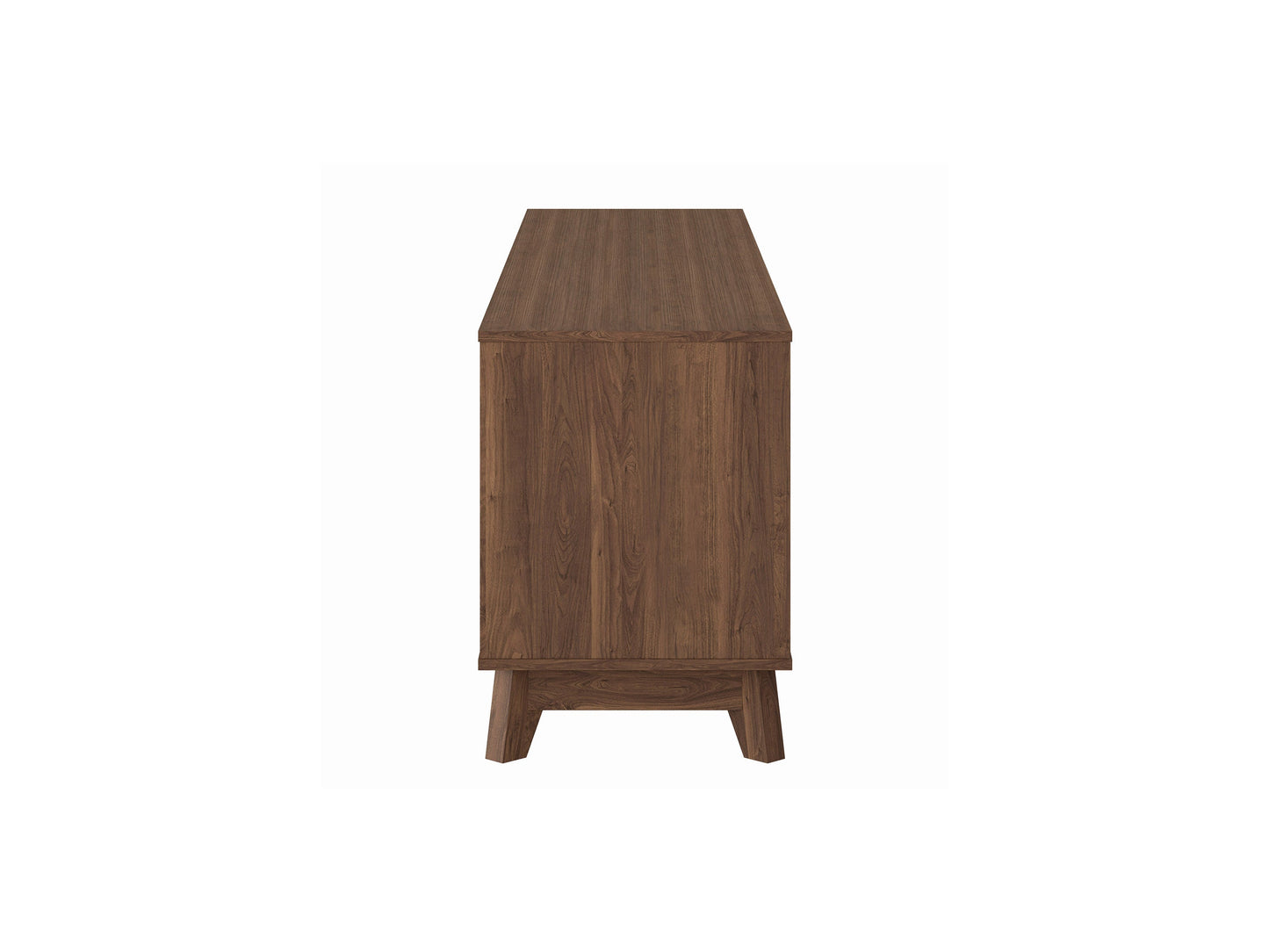 Modern brown TV stand for TVs up to 85 inches, featuring sleek lines, wood finish, open shelving, and two cabinets with metal handles for storage. Ideal for contemporary living rooms.