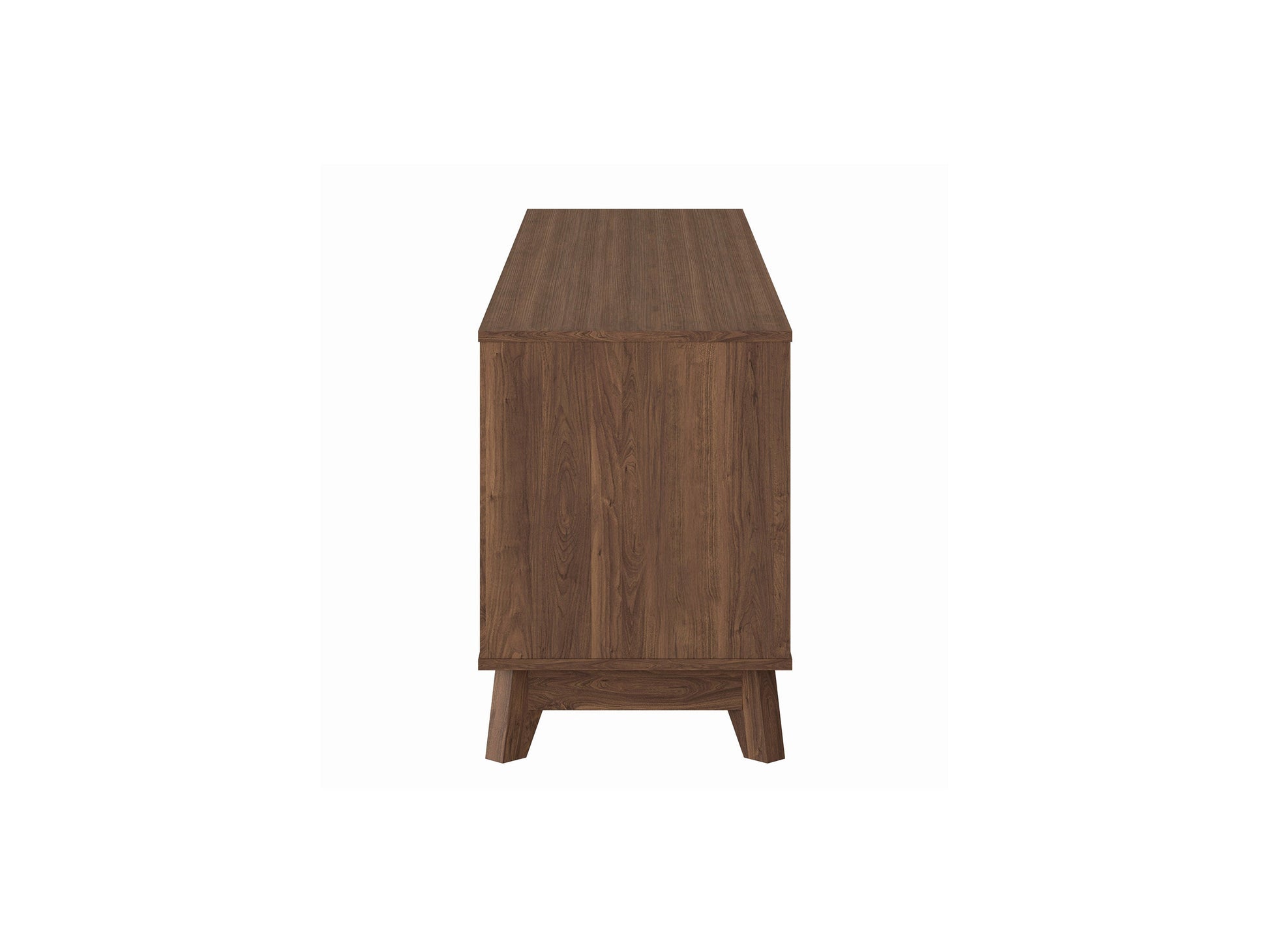 Modern brown TV stand for TVs up to 85 inches, featuring sleek lines, wood finish, open shelving, and two cabinets with metal handles for storage. Ideal for contemporary living rooms.