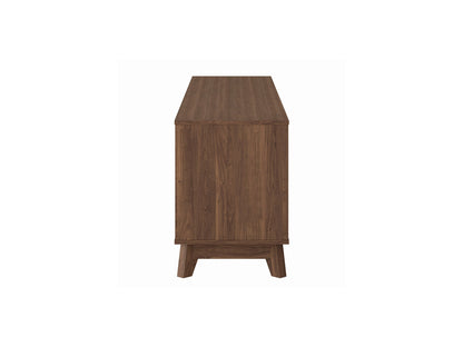 Modern brown TV stand for TVs up to 85 inches, featuring sleek lines, wood finish, open shelving, and two cabinets with metal handles for storage. Ideal for contemporary living rooms.