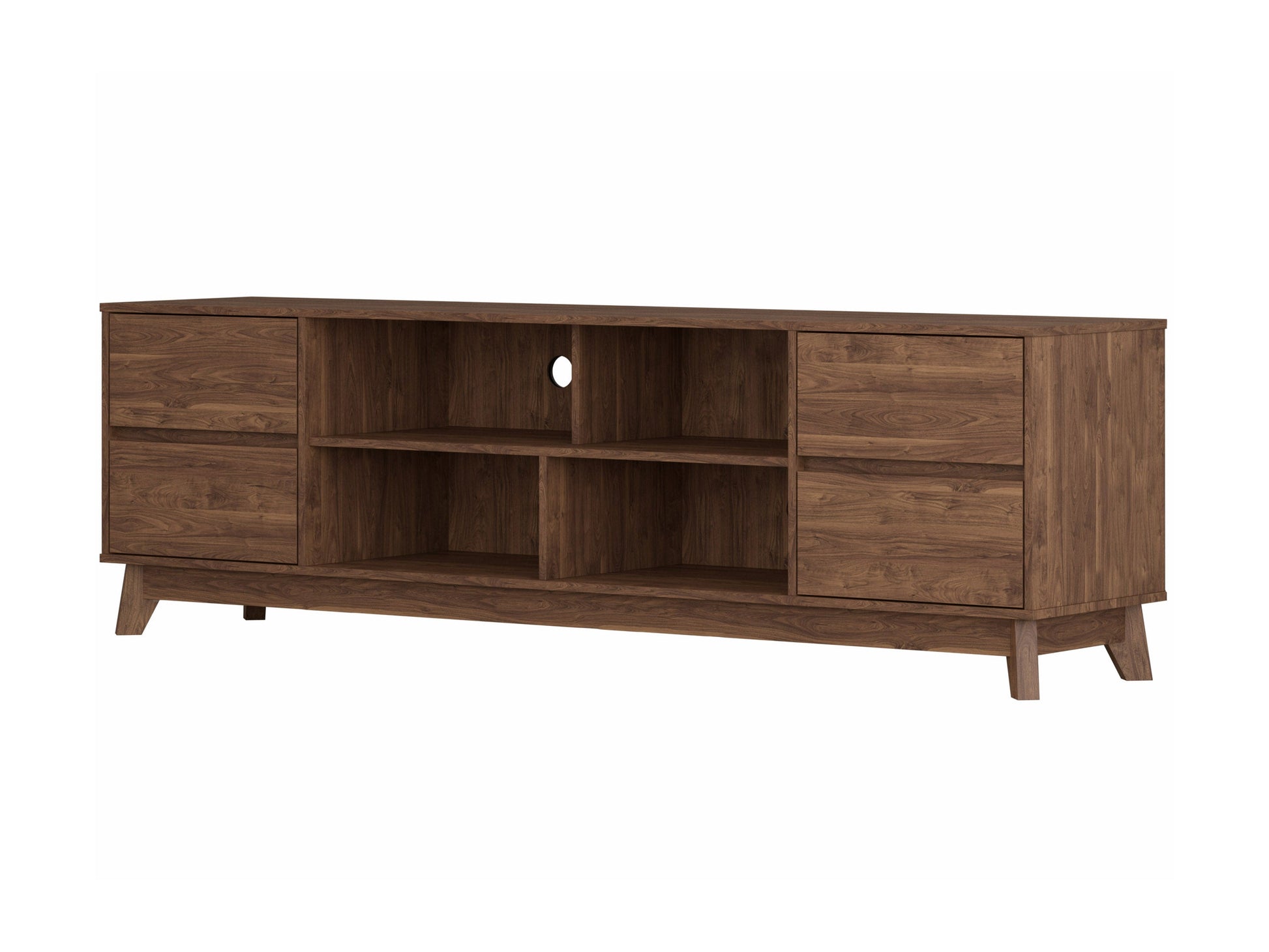 Modern brown TV stand for TVs up to 85 inches, featuring sleek lines, wood finish, open shelving, and two cabinets with metal handles for storage. Ideal for contemporary living rooms.