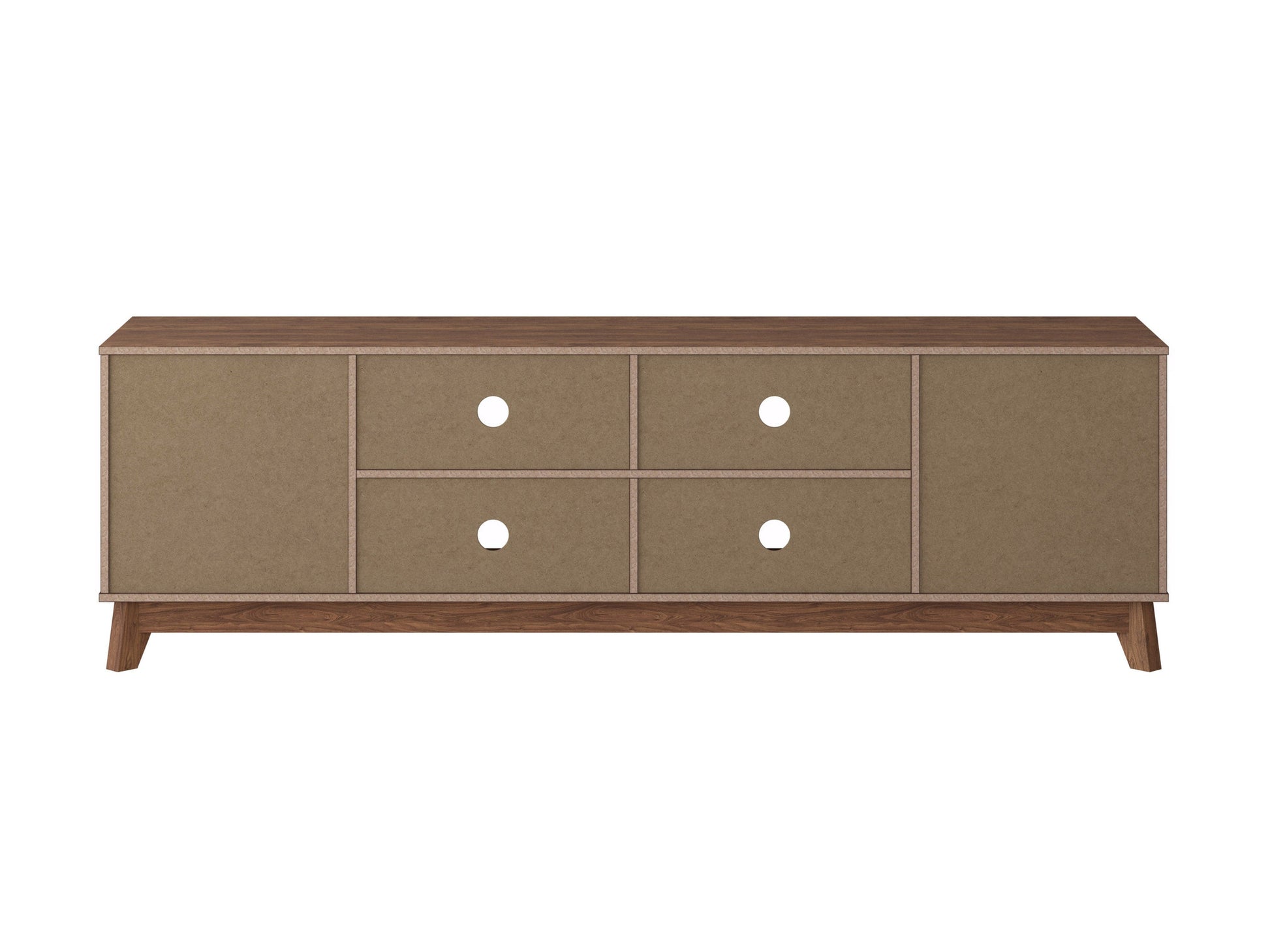 Modern brown TV stand for TVs up to 85 inches, featuring sleek lines, wood finish, open shelving, and two cabinets with metal handles for storage. Ideal for contemporary living rooms.