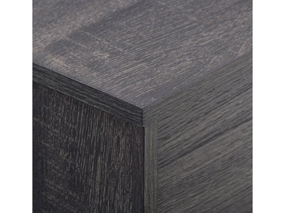 Dark grey modern TV stand for TVs up to 85 inches, featuring sleek lines, ample storage with open shelves and cabinets, made of high-quality wood and metal accents, perfect for contemporary living rooms.