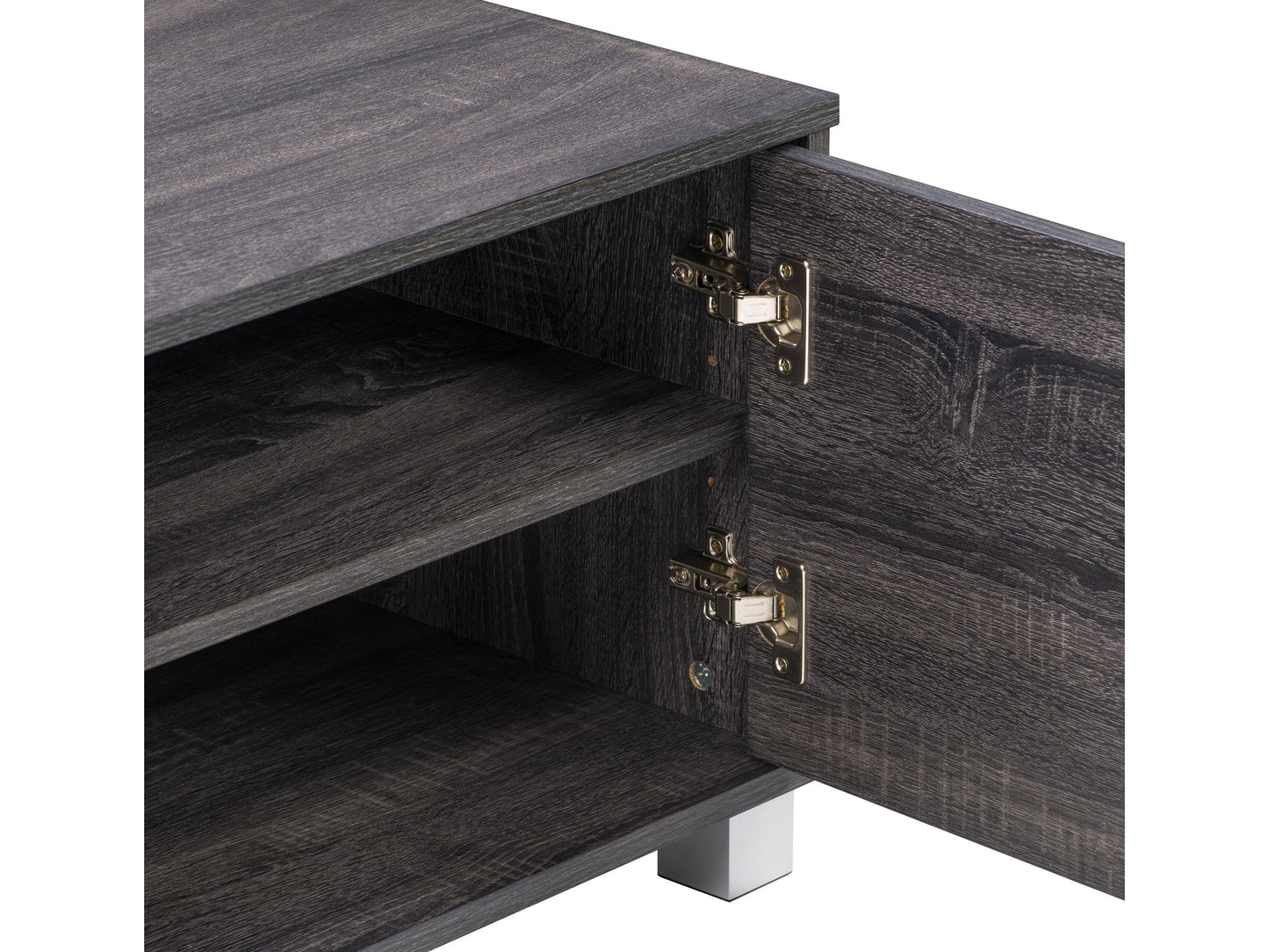 Dark grey modern TV stand for TVs up to 85 inches, featuring sleek lines, ample storage with open shelves and cabinets, made of high-quality wood and metal accents, perfect for contemporary living rooms.