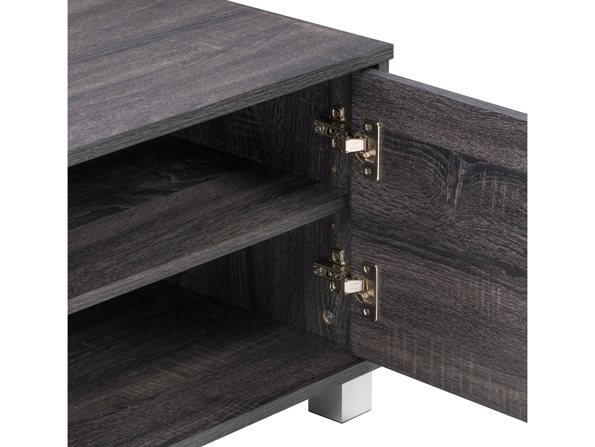 Dark grey modern TV stand for TVs up to 85 inches, featuring sleek lines, ample storage with open shelves and cabinets, made of high-quality wood and metal accents, perfect for contemporary living rooms.