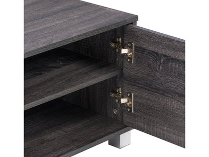 Dark grey modern TV stand for TVs up to 85 inches, featuring sleek lines, ample storage with open shelves and cabinets, made of high-quality wood and metal accents, perfect for contemporary living rooms.