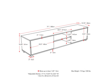 Dark grey modern TV stand for TVs up to 85 inches, featuring sleek lines, ample storage with open shelves and cabinets, made of high-quality wood and metal accents, perfect for contemporary living rooms.