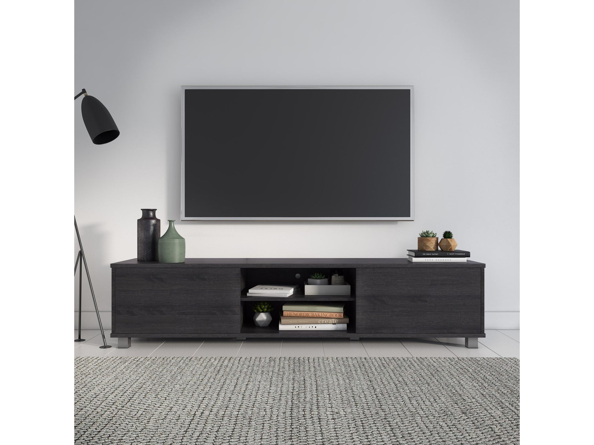 Dark grey modern TV stand for TVs up to 85 inches, featuring sleek lines, ample storage with open shelves and cabinets, made of high-quality wood and metal accents, perfect for contemporary living rooms.